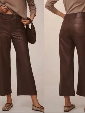 Maeve Brown Cropped Wide-Leg Faux Leather Pants